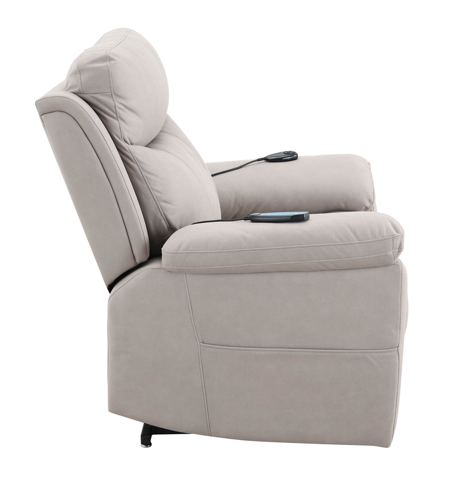 Taupe power lift recliner with plush upholstery and side remote