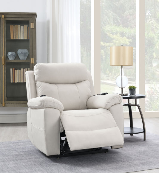 Cream upholstered power lift recliner chair with integrated controls perfect for living rooms