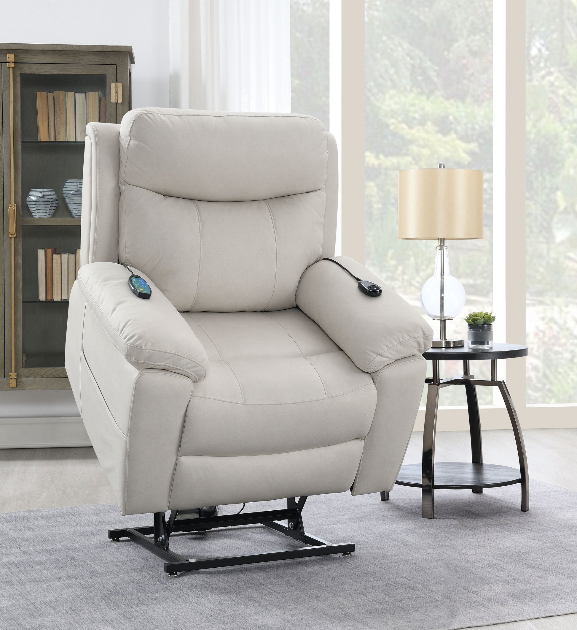 Cream leather lift recliner chair with remote control and power lift mechanism