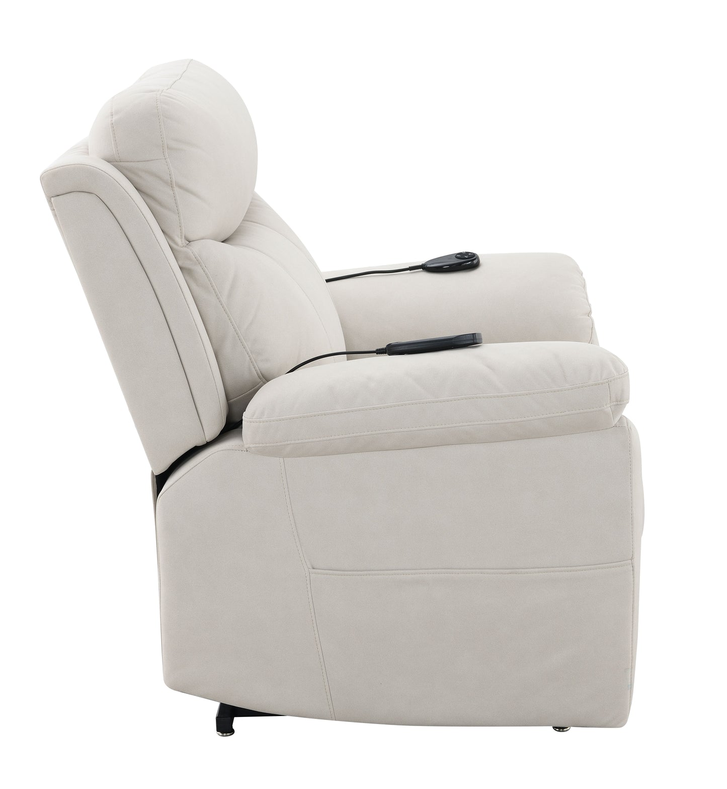 Cream leather power recliner chair with integrated controls on armrests
