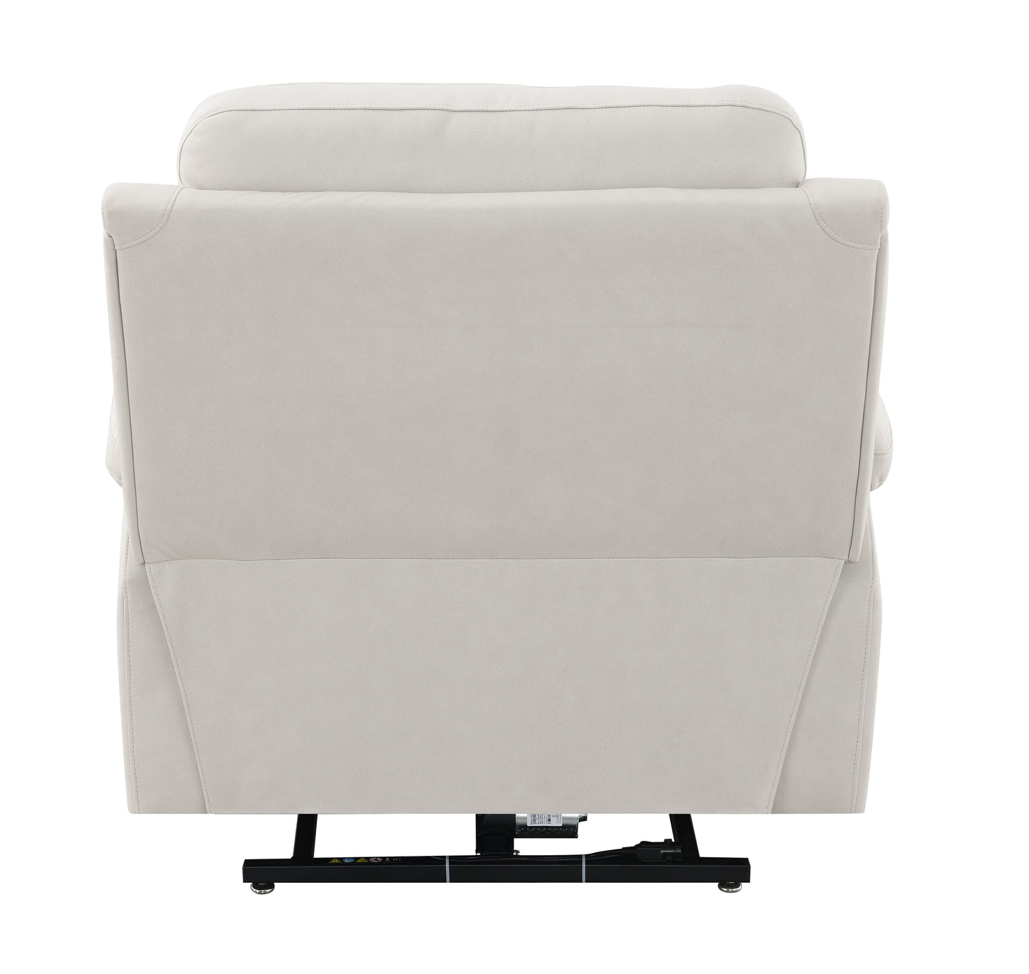 Cream upholstered power lift recliner chair with sturdy black metal base rear view