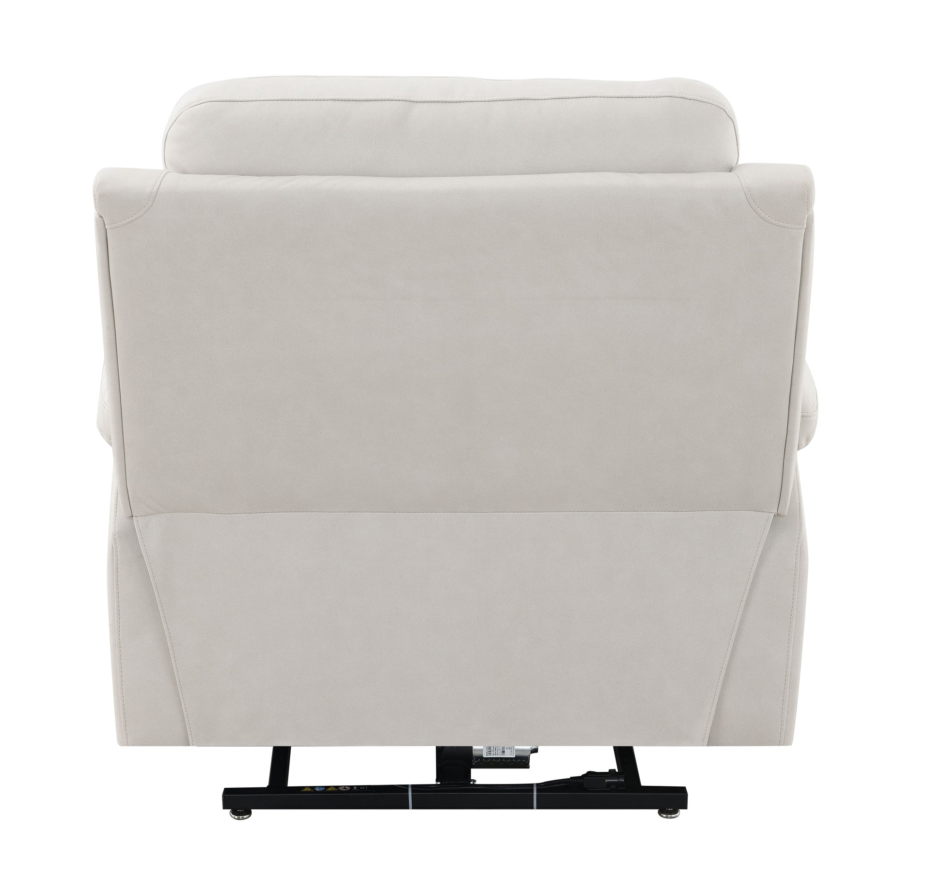 Cream upholstered power lift recliner chair with sturdy black metal base rear view