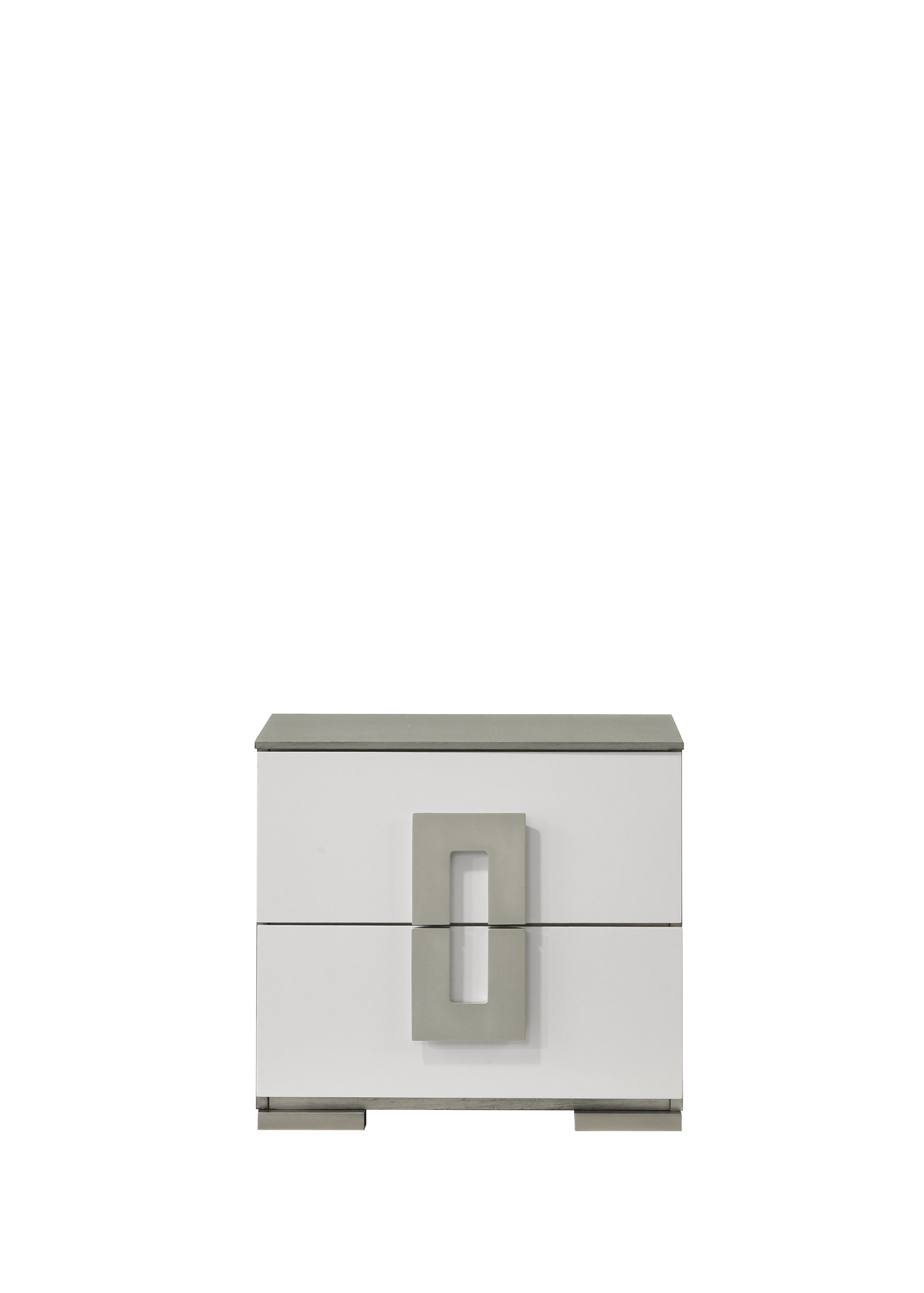 White modern nightstand with gray top and unique square handle