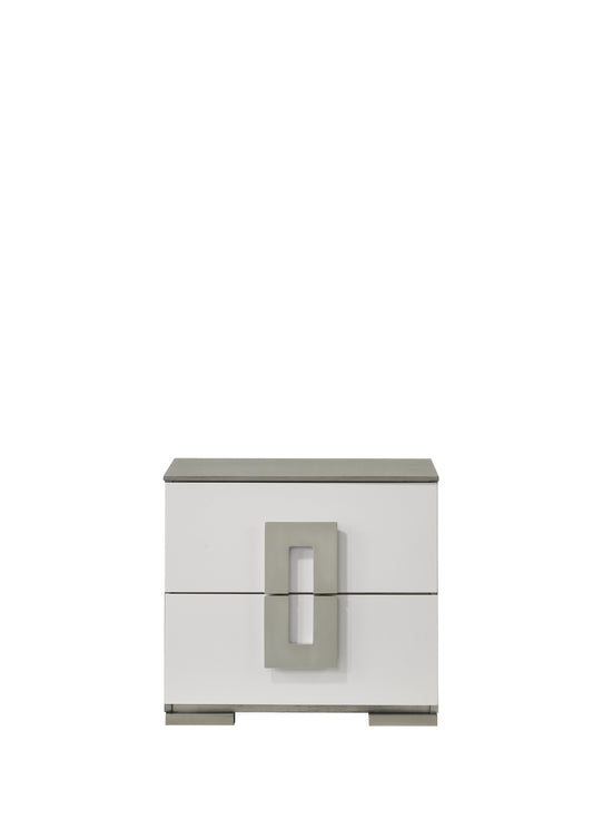 White modern nightstand with gray top and unique square handle