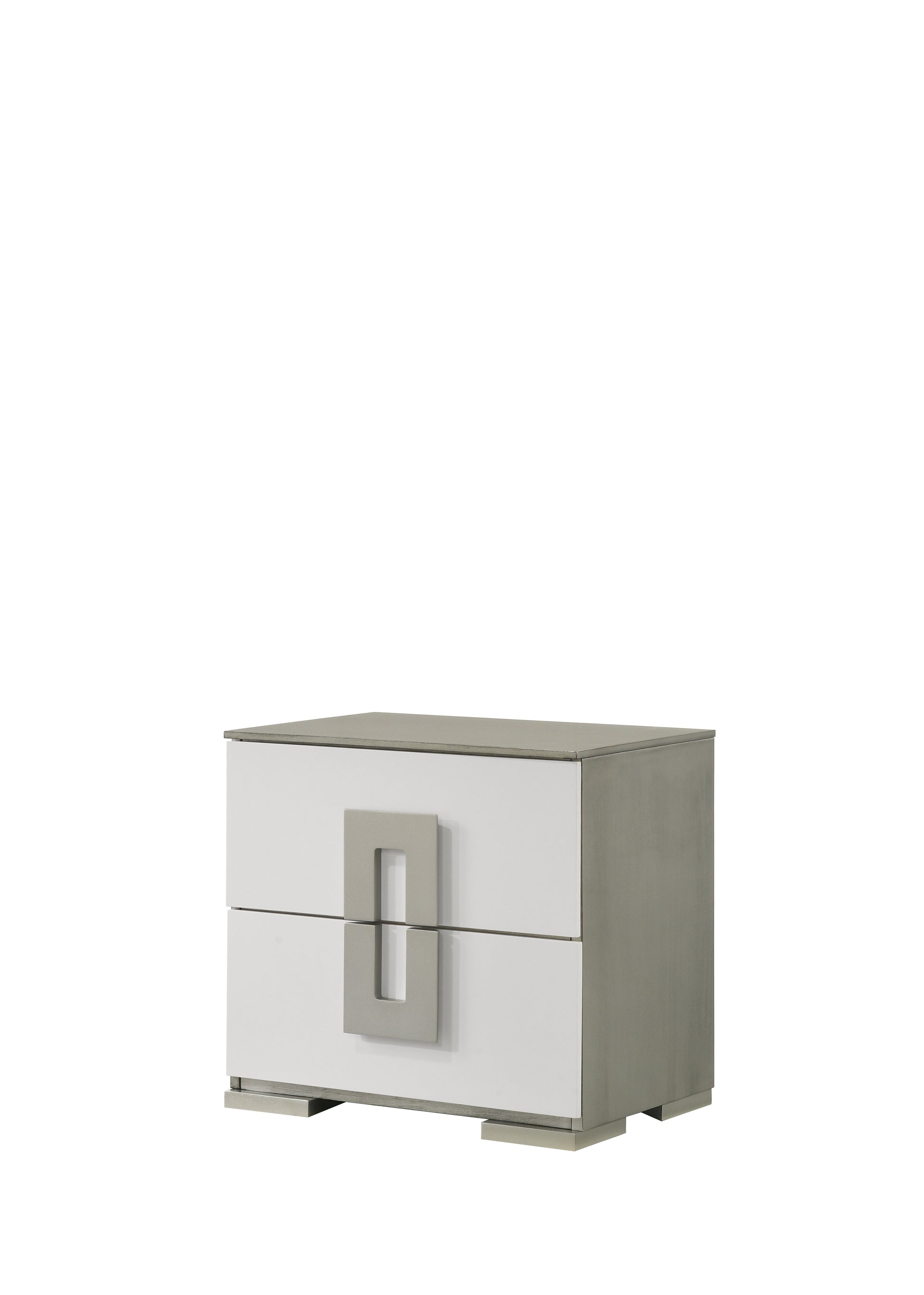 Modern white and grey twodrawer nightstand with minimalist silver handles