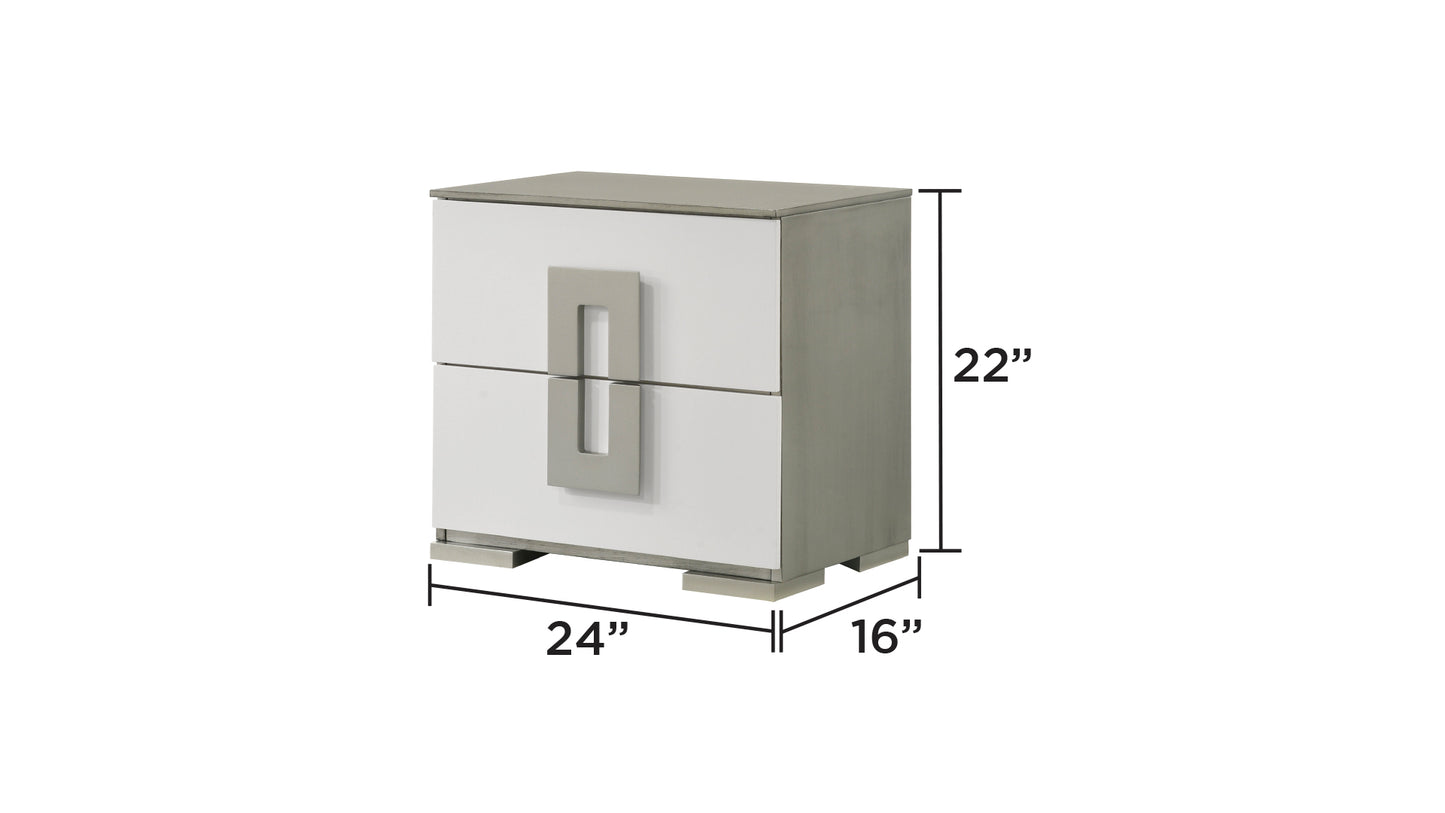 Modern white nightstand with gray accents and sleek metallic handles