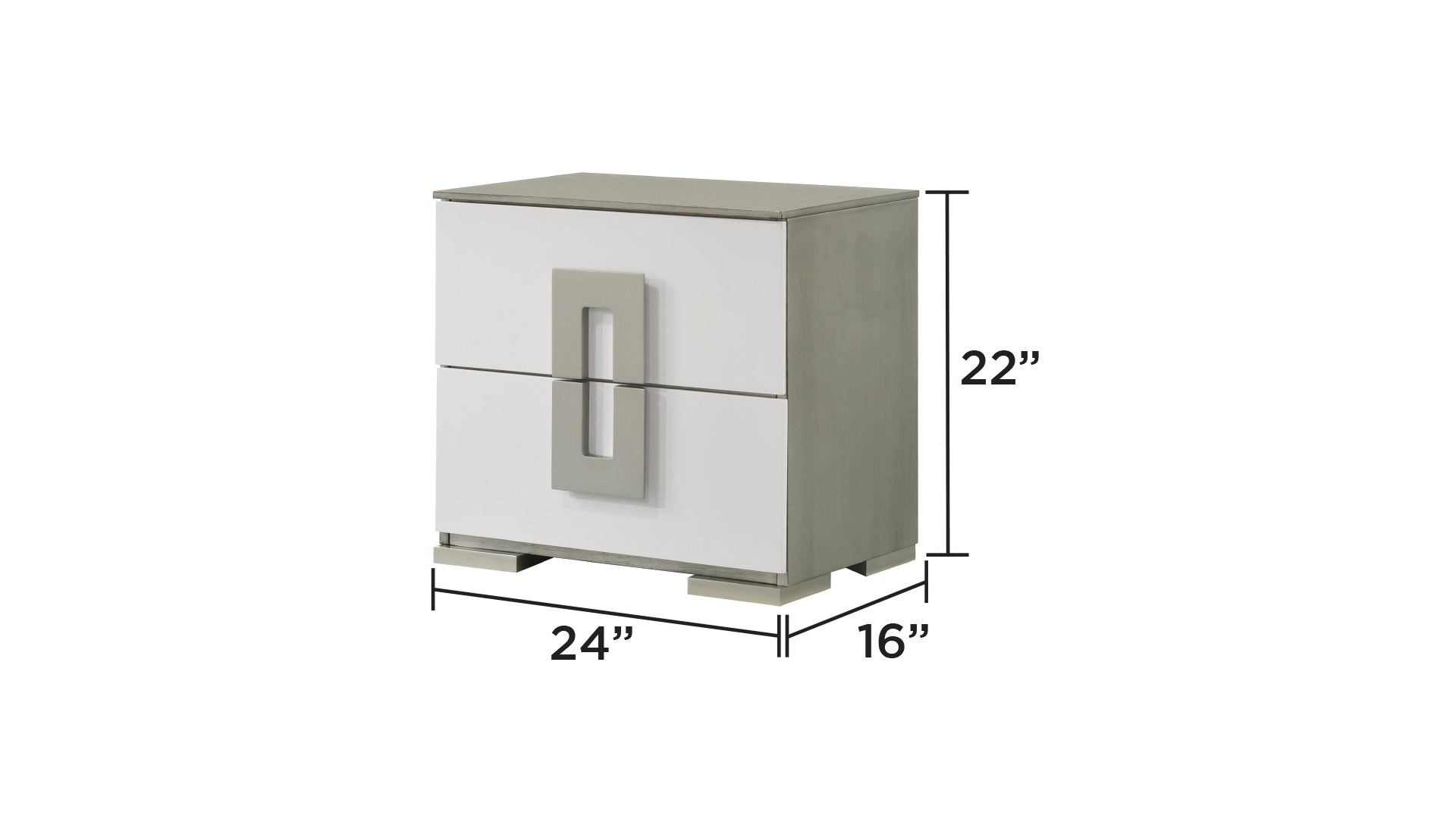 Modern white nightstand with gray accents and sleek metallic handles