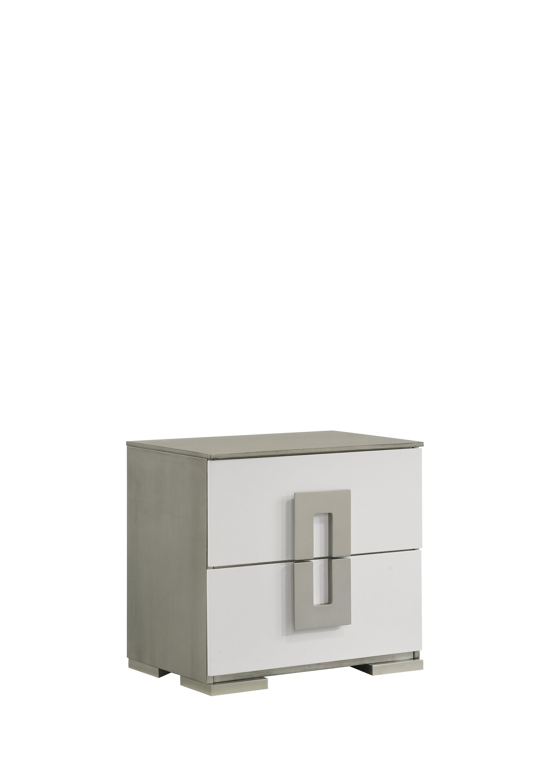 Modern white nightstand with gray accents and a distinctive silver handle