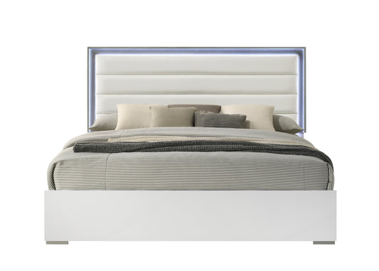 Modern white upholstered bed frame with builtin LED lighting and striped bedding
