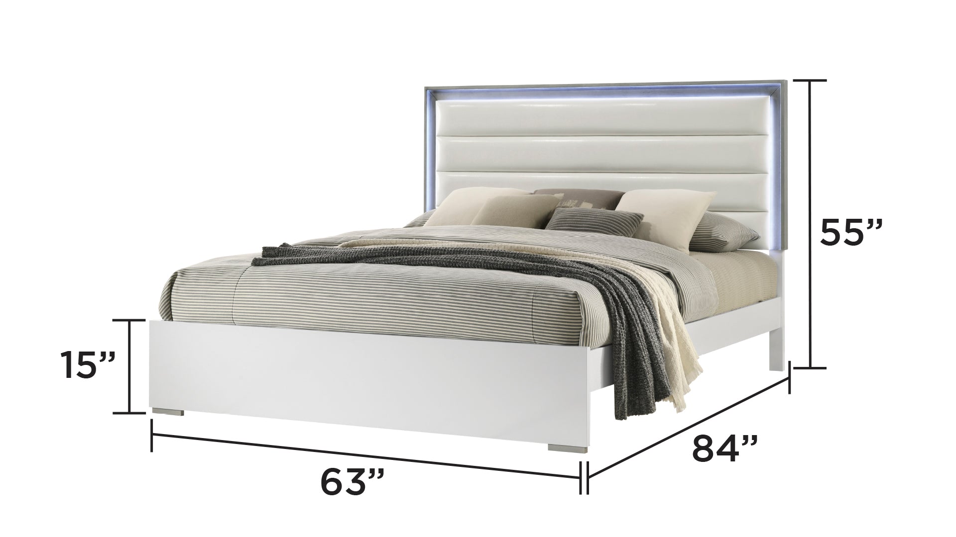 Modern white platform bed with upholstered headboard and LED lighting