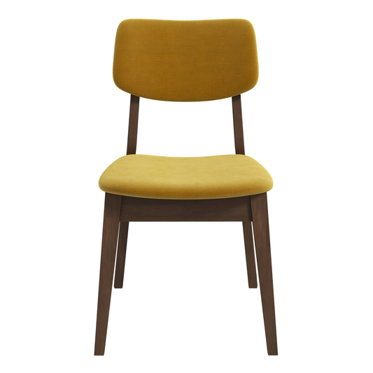 Mustard yellow upholstered dining chair with dark wood legs