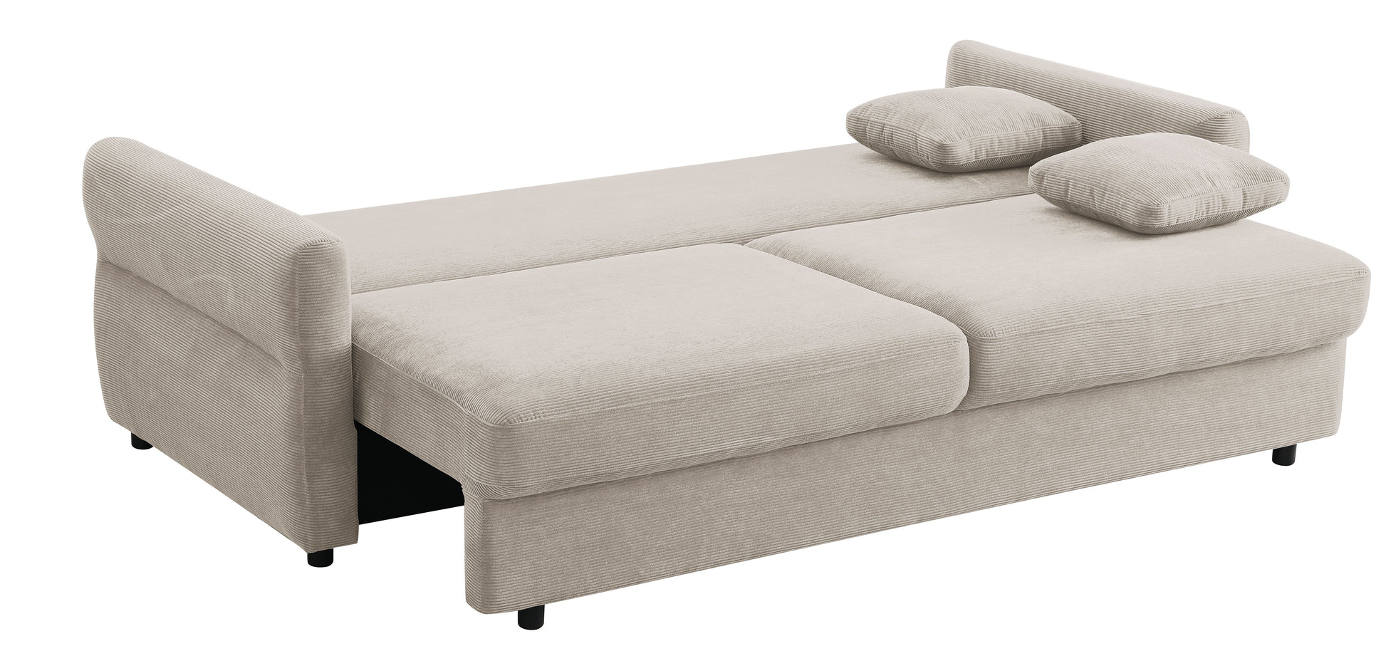 Beige corduroy sofa bed with plush cushions convertible to a sleeping surface