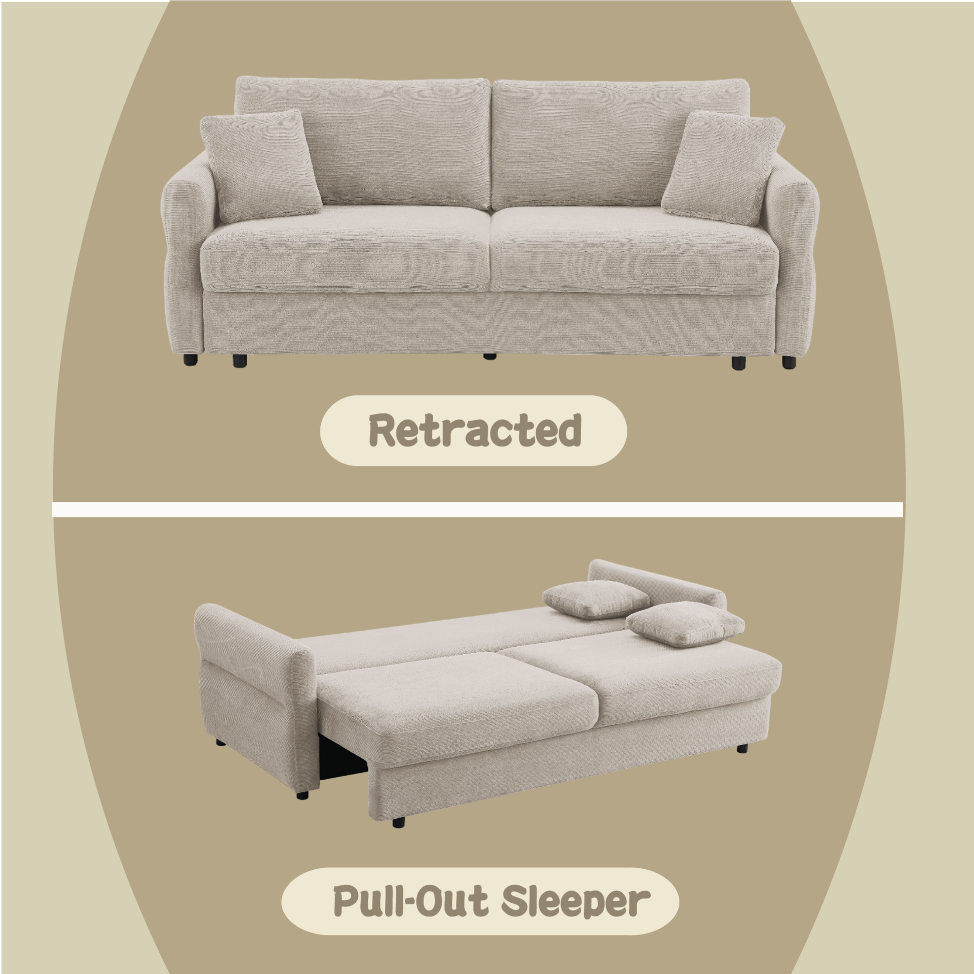 Cream fabric sofa in retracted mode with two accent pillows
