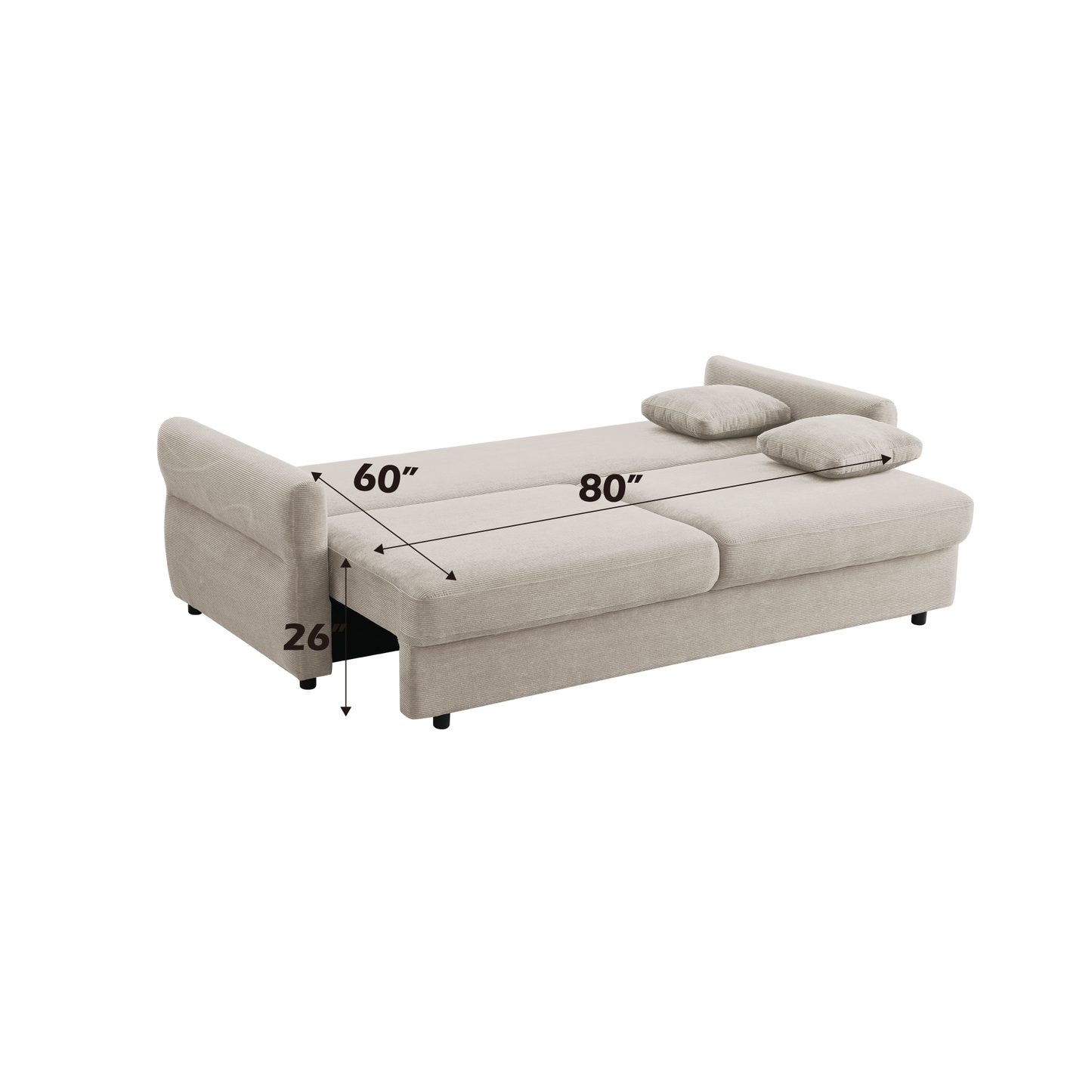 Beige linen sofa bed with inch sleeping surface and inch height