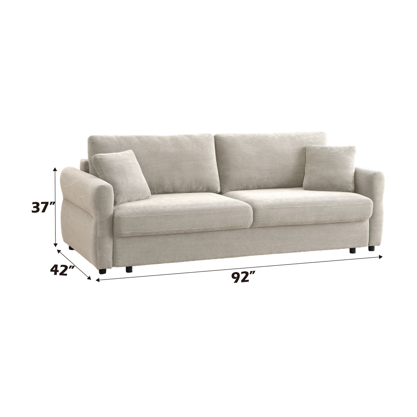 Light gray corduroy sofa with two throw pillows dimensions  W x  D x  H