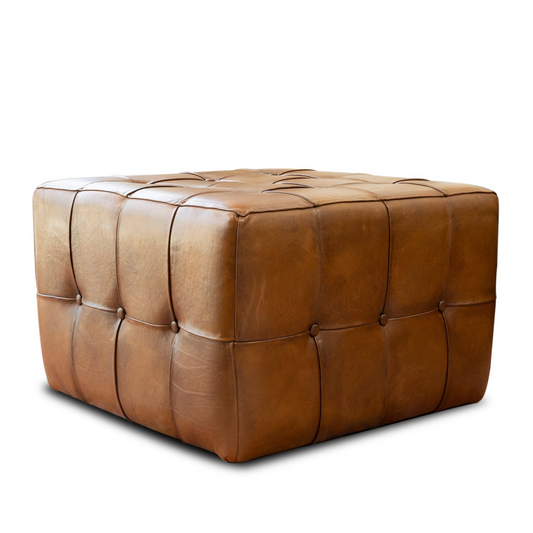 Brown leather tufted square ottoman with button accents and woven top detail