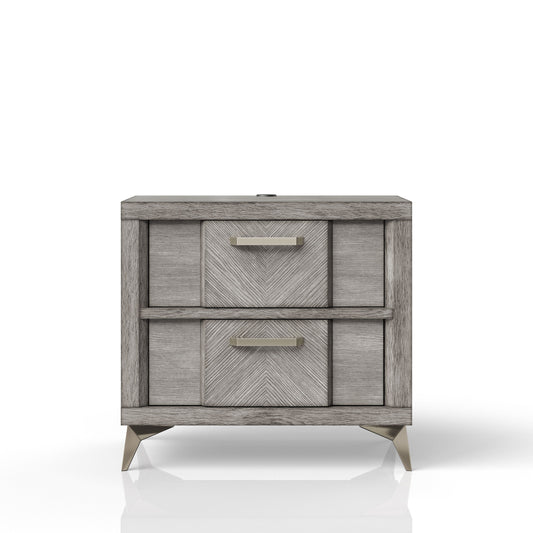 Gray wood veneer nightstand with two drawers and modern metal legs