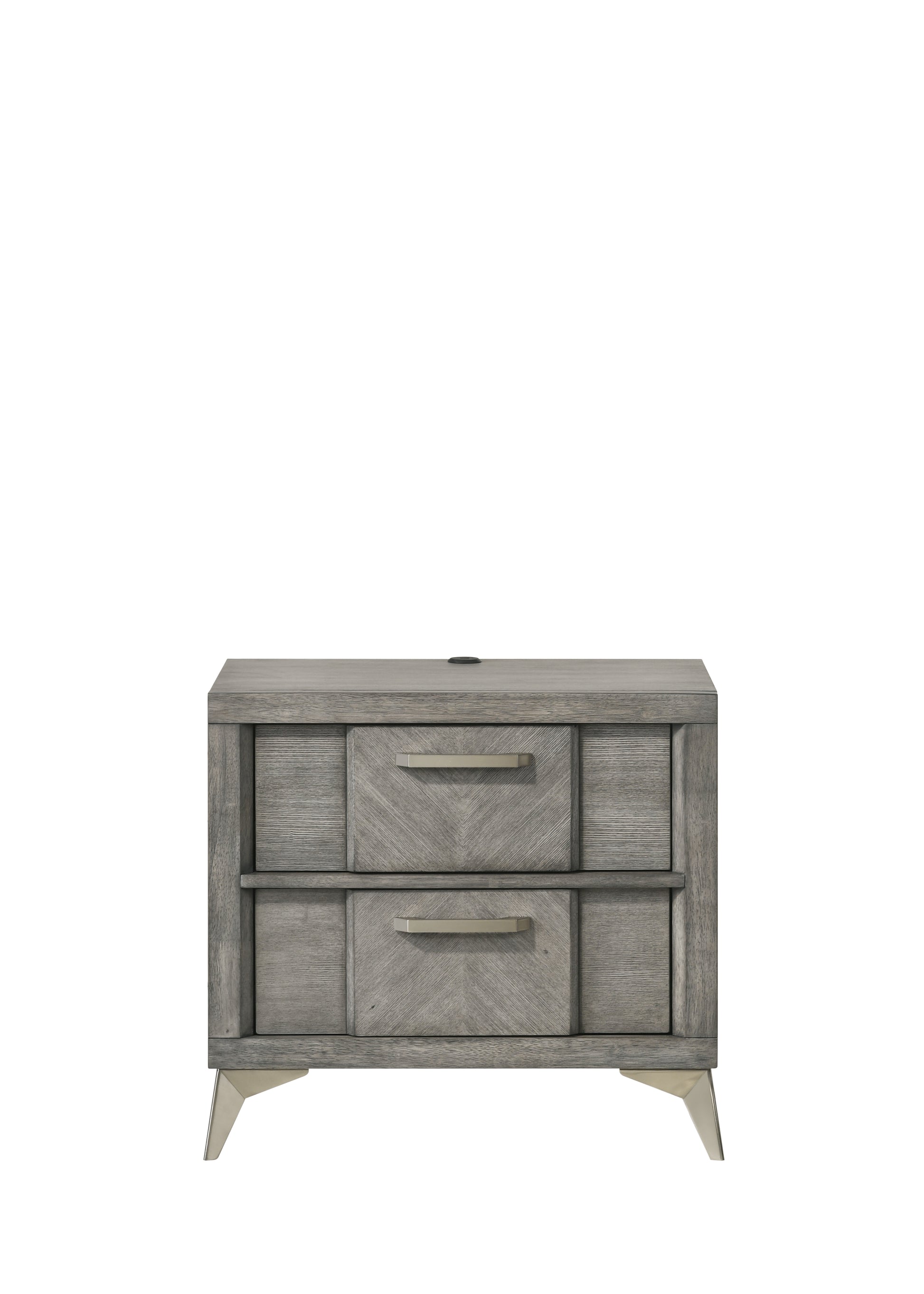 Gray wood twodrawer nightstand with brushed nickel hardware and angled metal legs