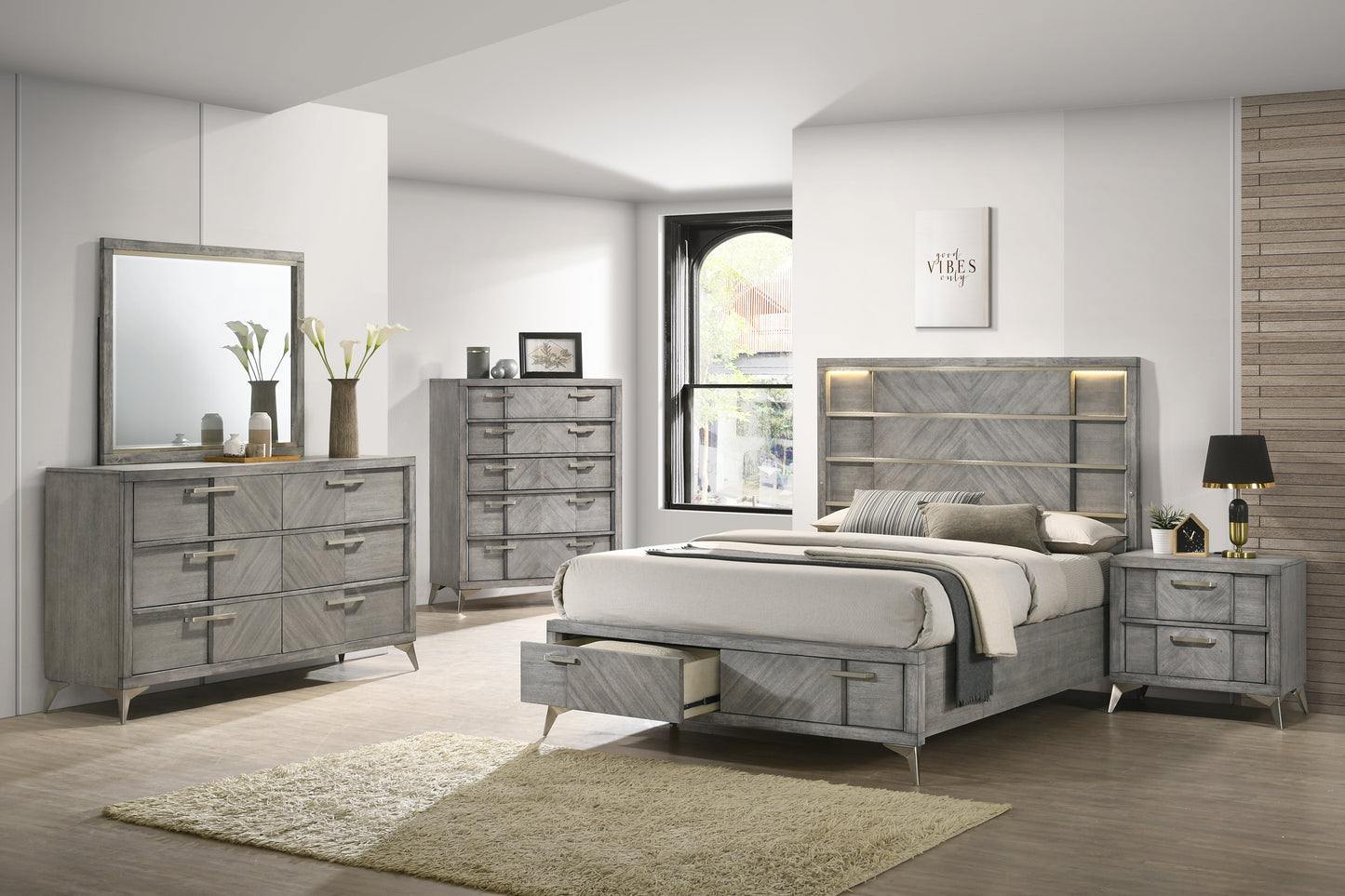Gray modern platform bed with storage drawers and LED headboard