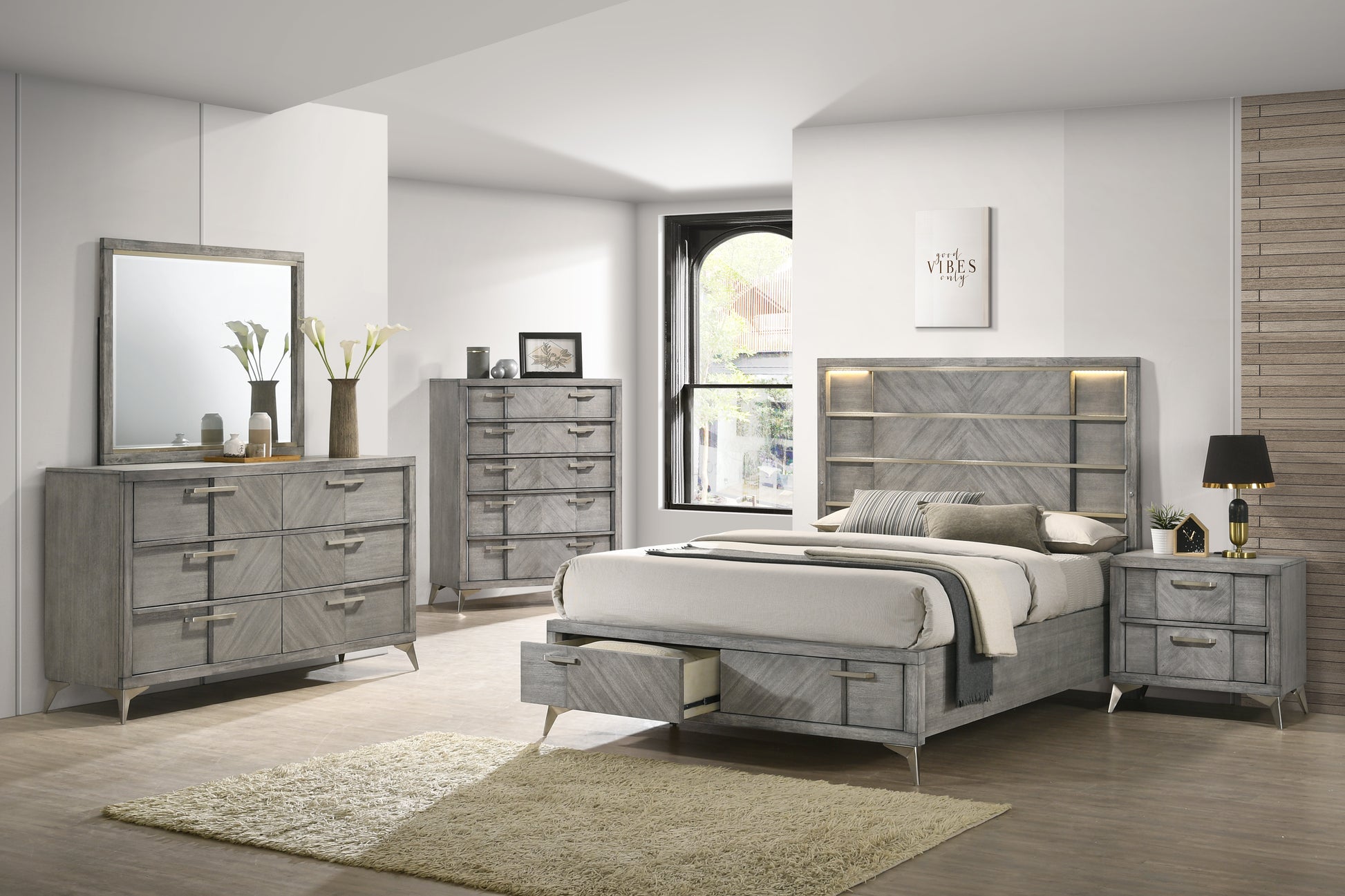 Gray modern platform bed with storage drawers and LED headboard