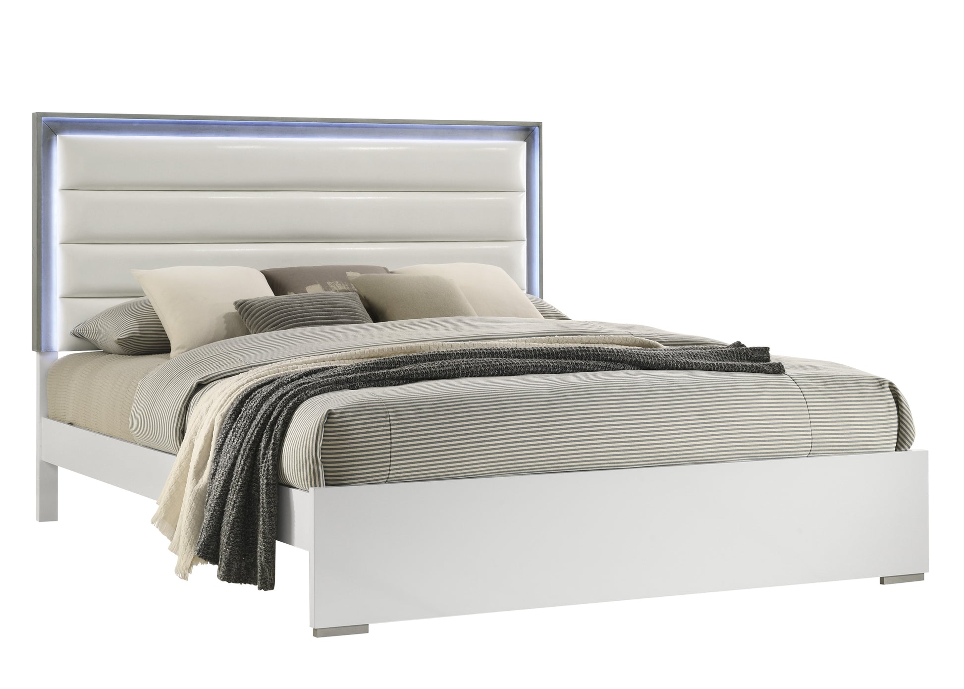 Modern white upholstered queen bed with LED headboard clean lines for contemporary bedroom
