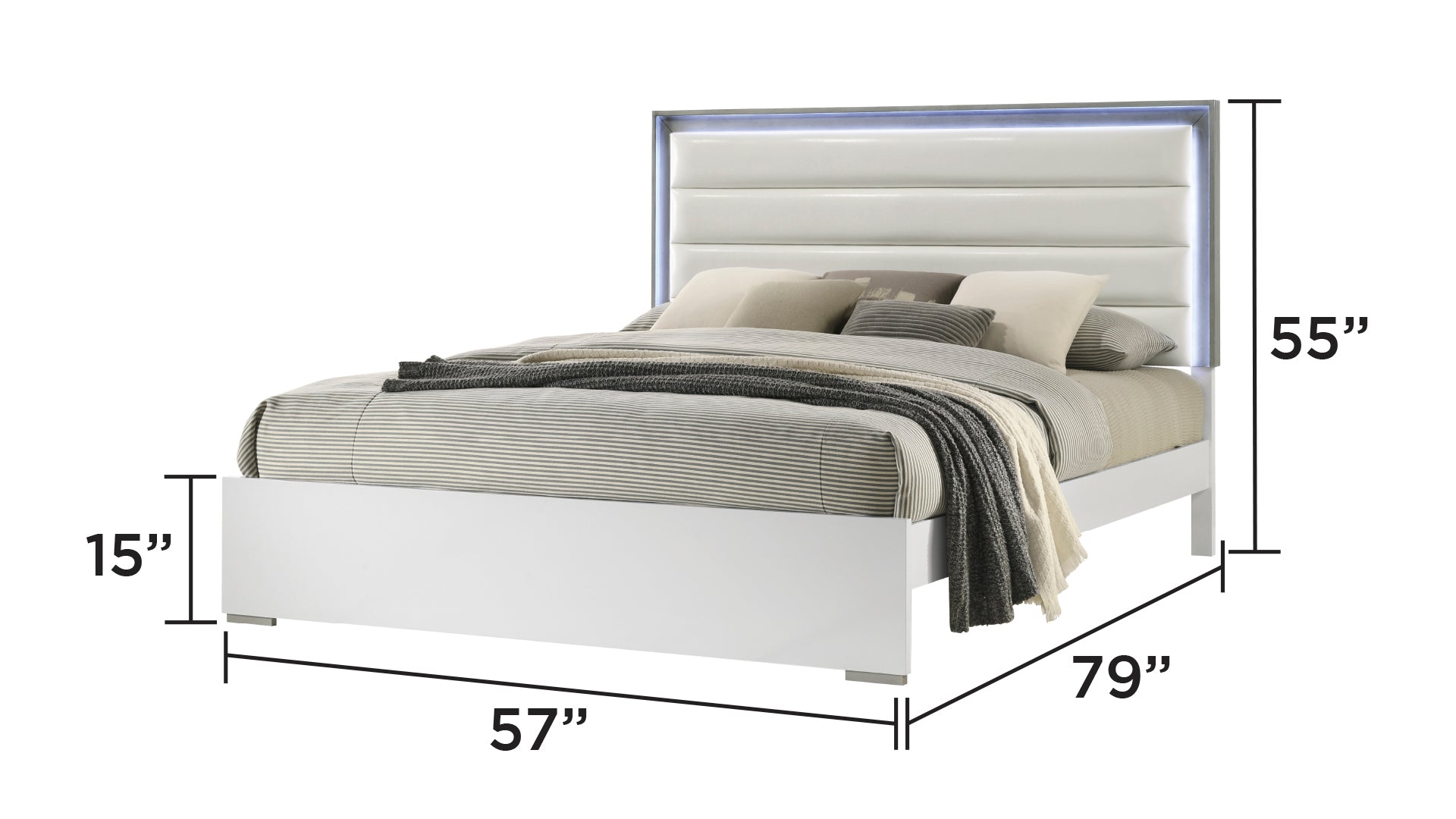 Modern white platform bed with LED headboard and upholstered accents