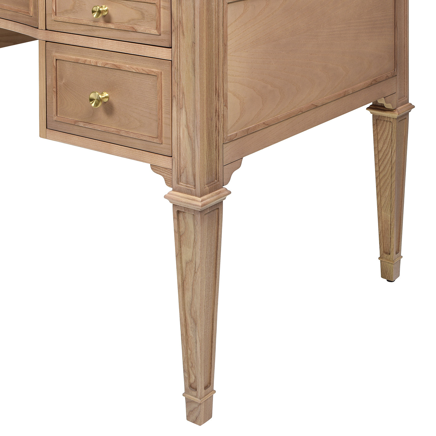 Light oak wooden desk with brass drawer pulls and fluted legs