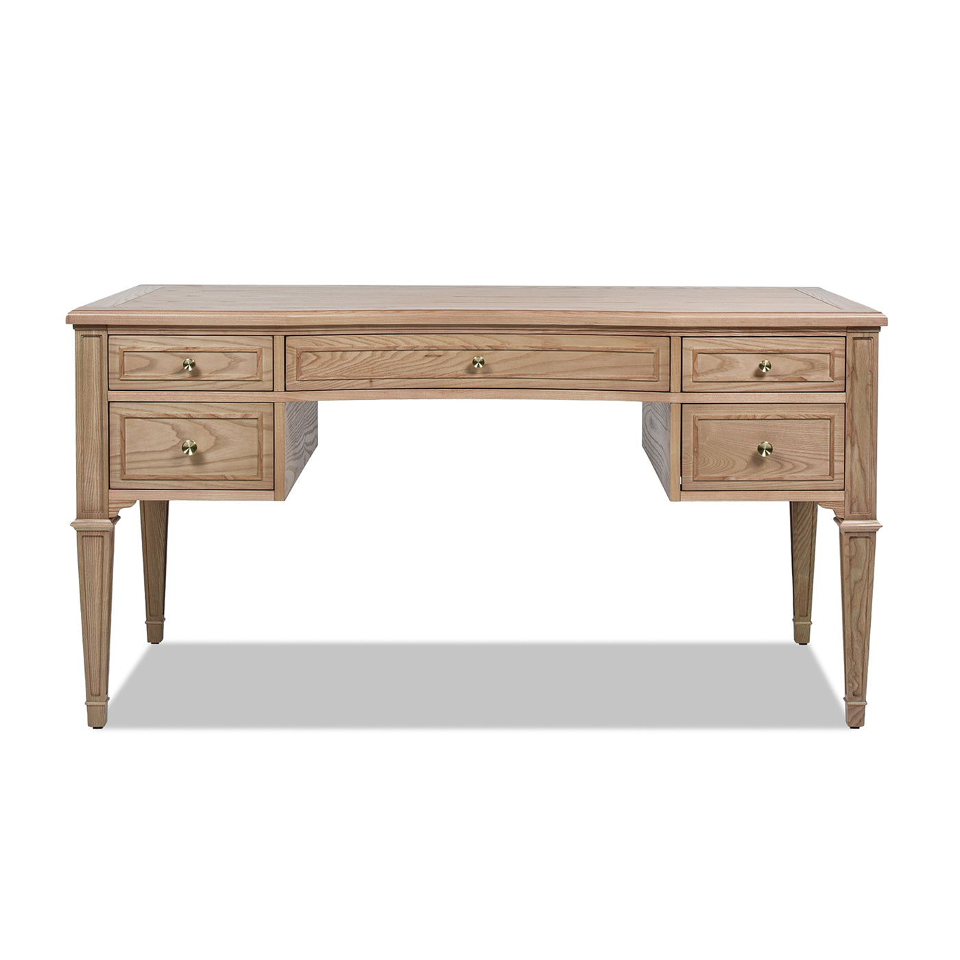 Light oak executive desk with six drawers and brass pulls perfect for a home office