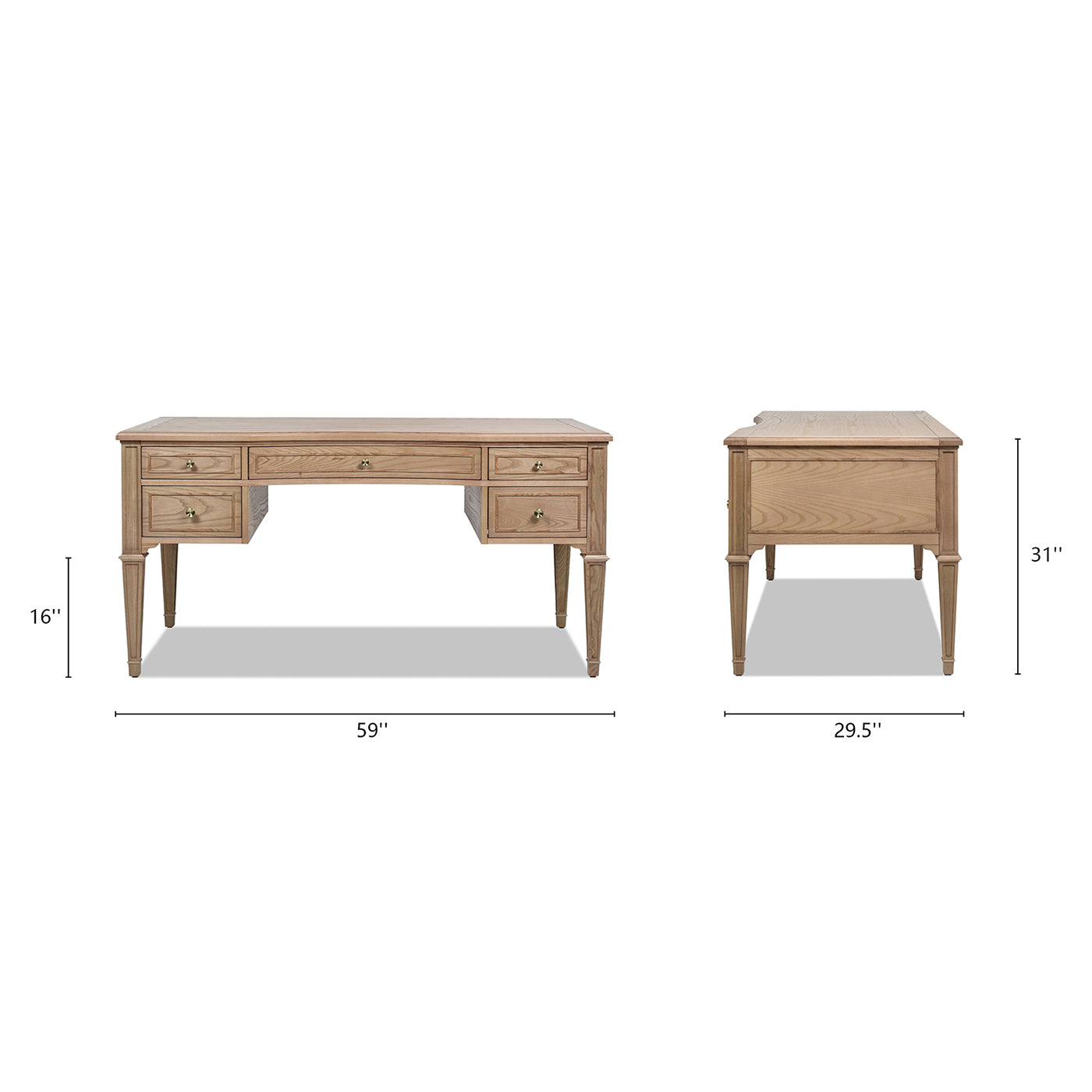 Light oak executive desk with six drawers and brass hardware inch width