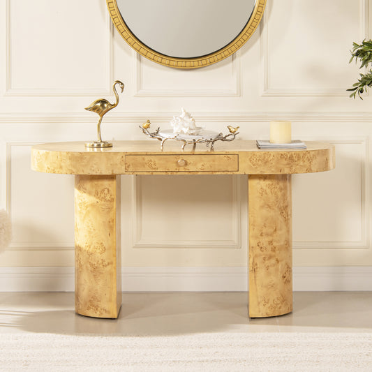 Natural burl wood console table with a single drawer and curved legs