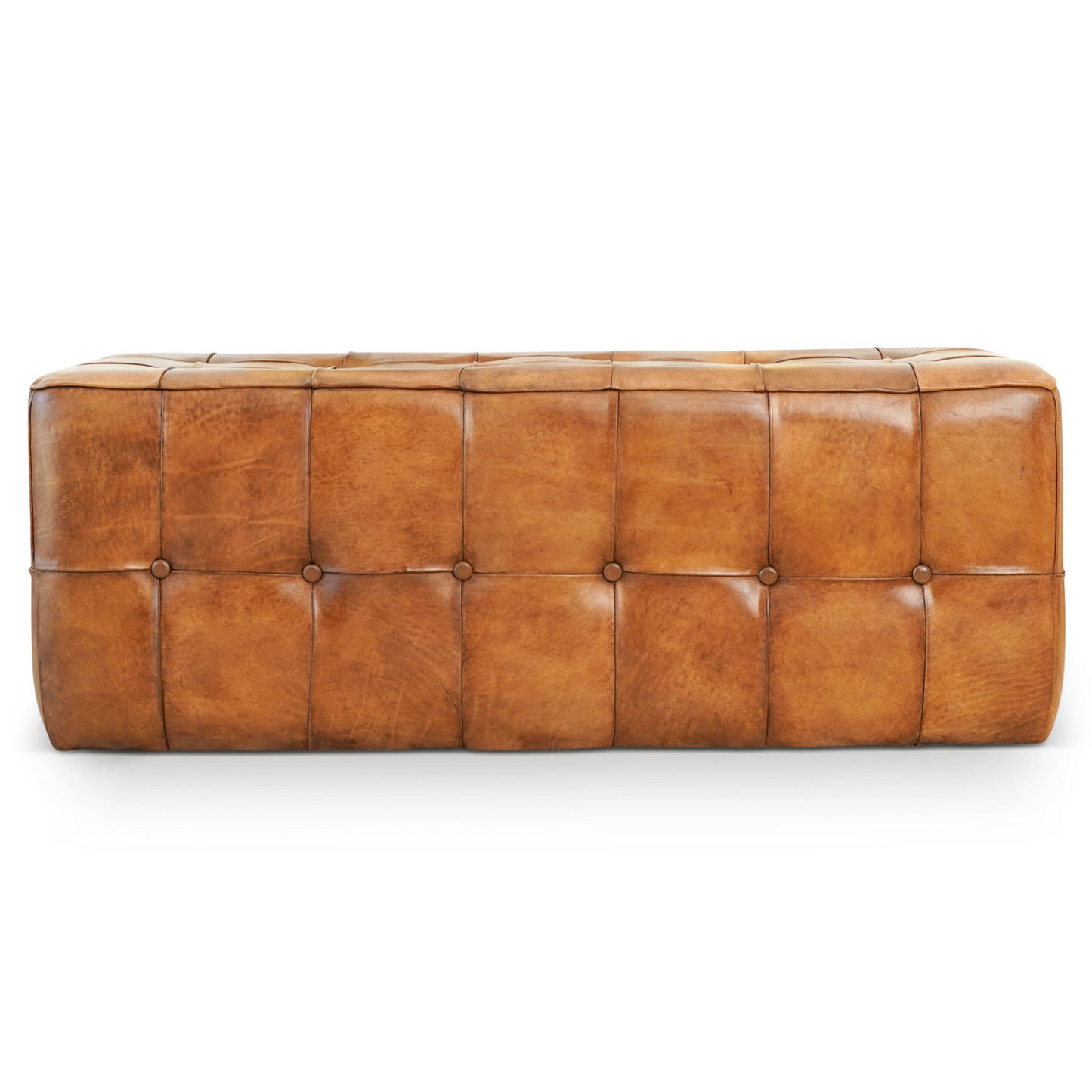 Tufted brown leather ottoman with a vintage distressed finish