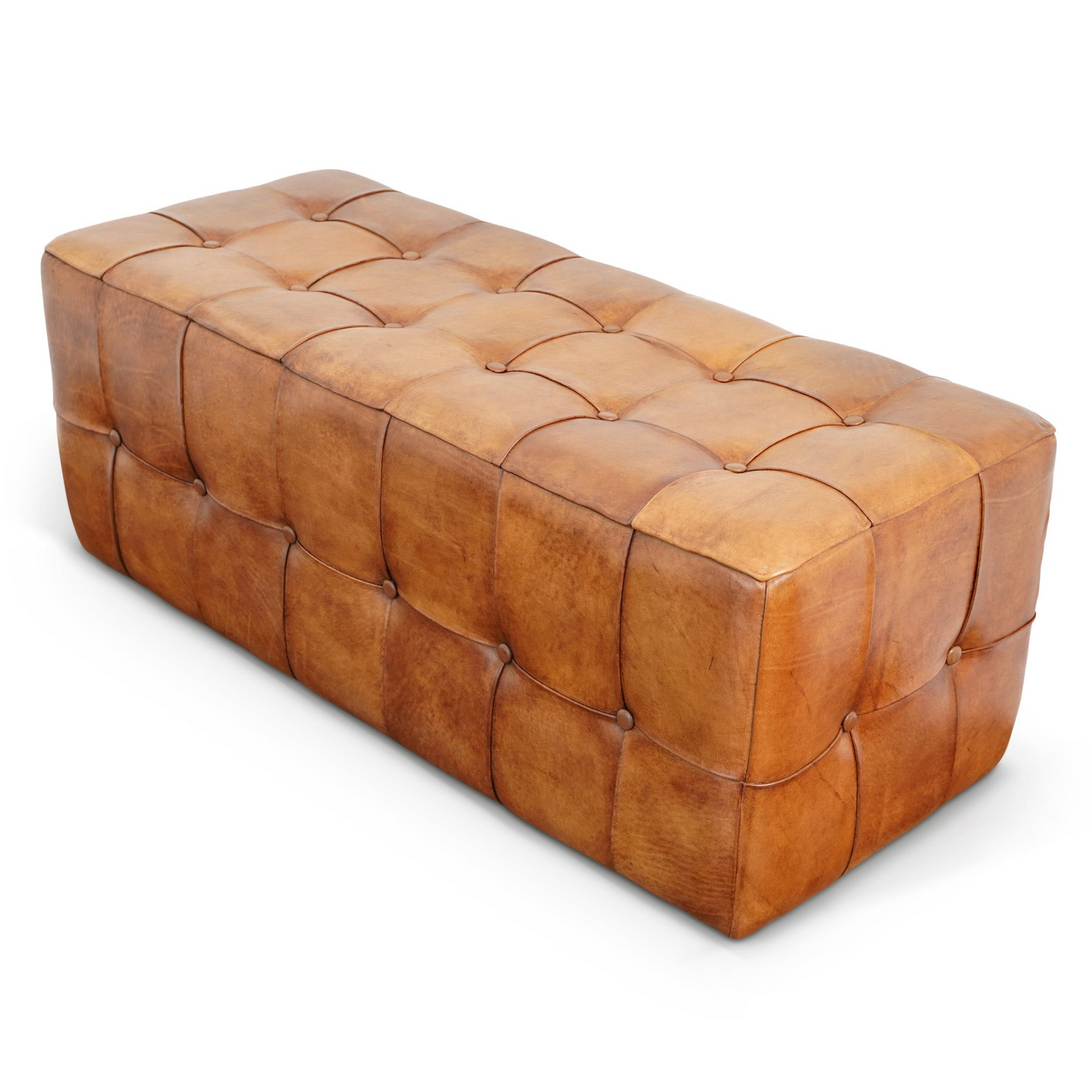 Tufted brown leather ottoman with button details and segmented panels perfect as footrest