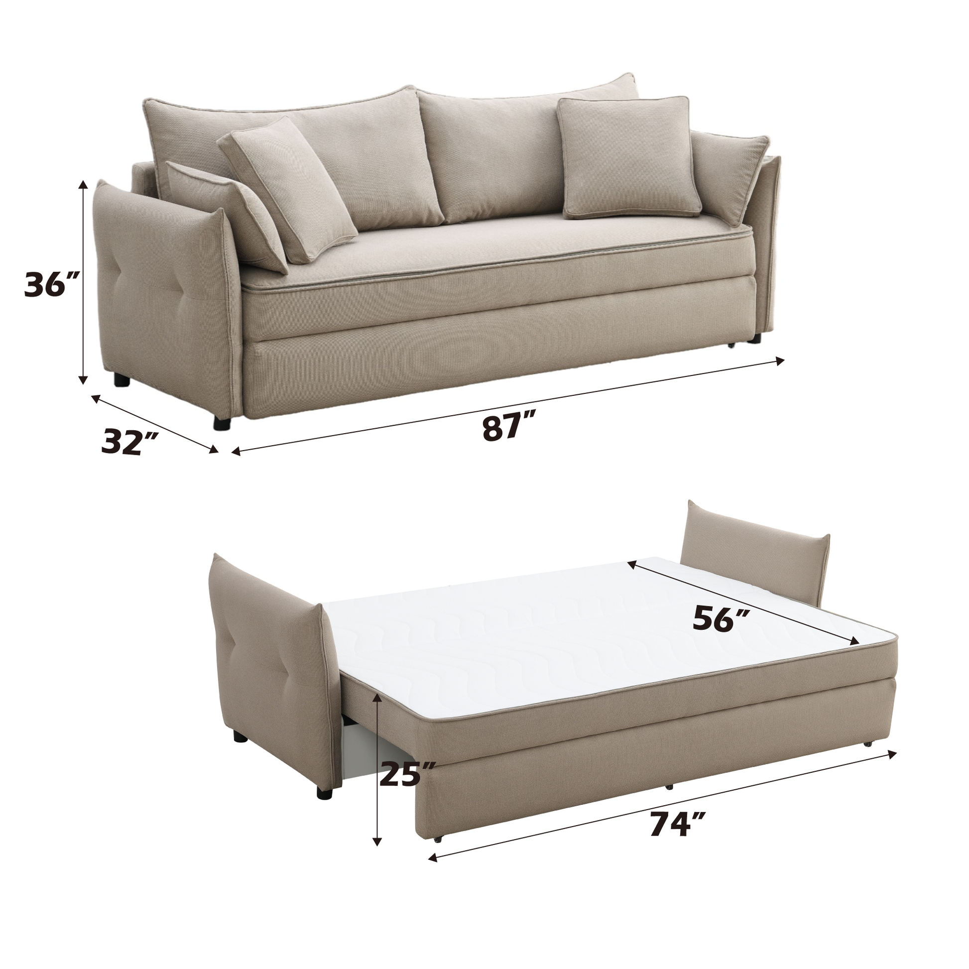 Beige fabric sofa bed with tufted armrests and three accent pillows  wide