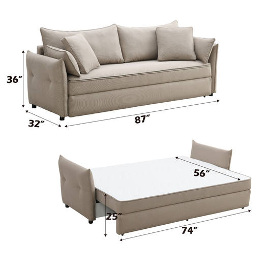 Beige fabric sofa bed with tufted armrests and three accent pillows  wide