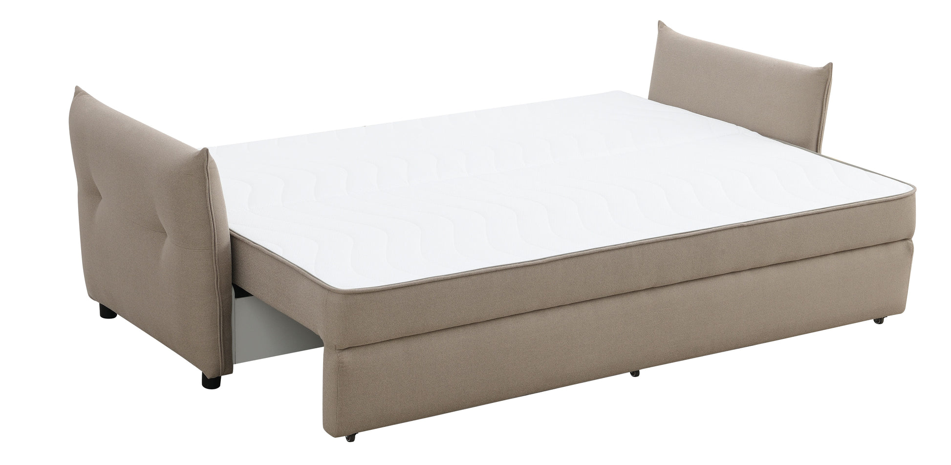 Tan fabric sofa bed with tufted headrests and a white mattress ideal for small spaces