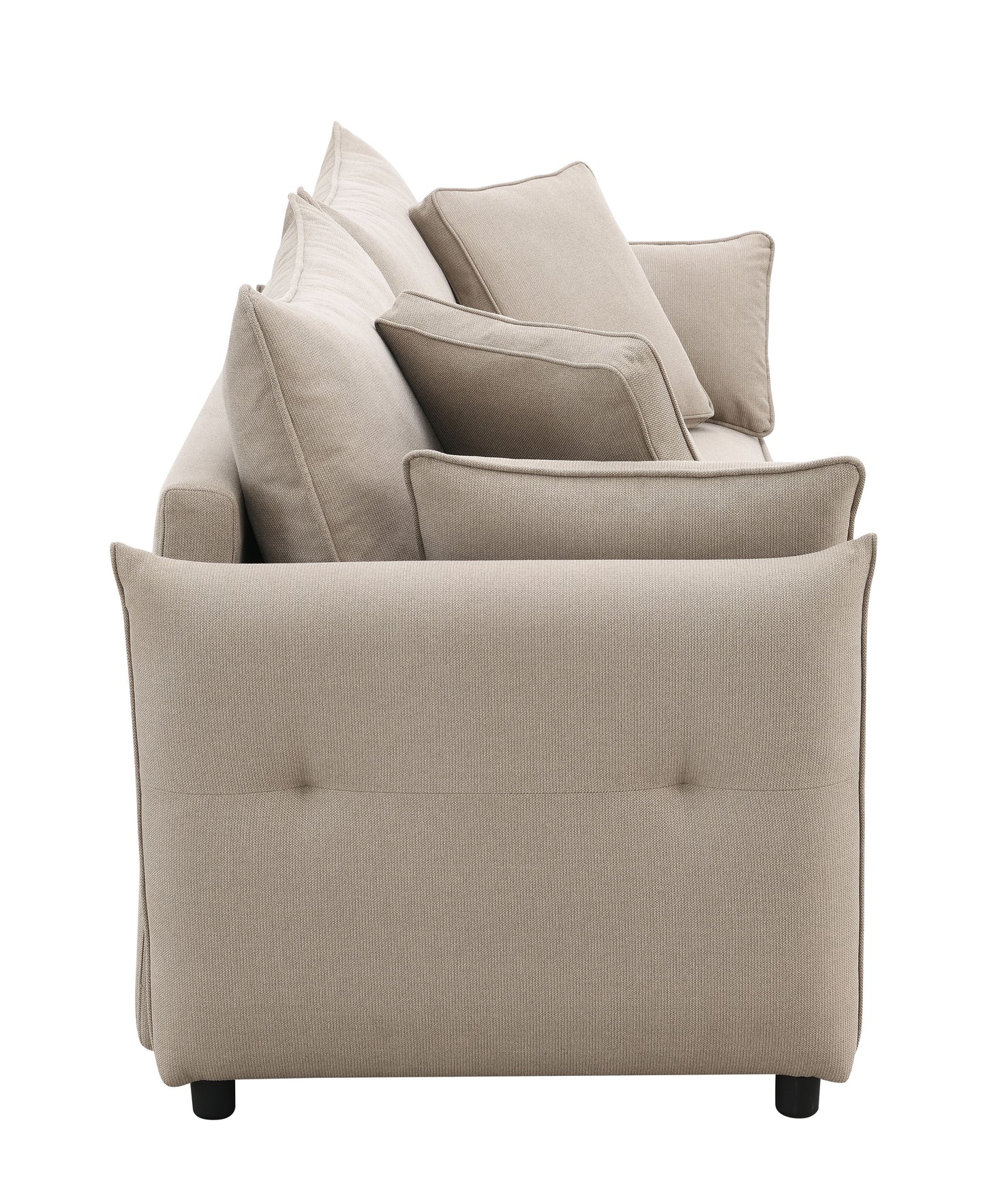 Beige fabric sofa with plush cushions a buttontufted back and black legs
