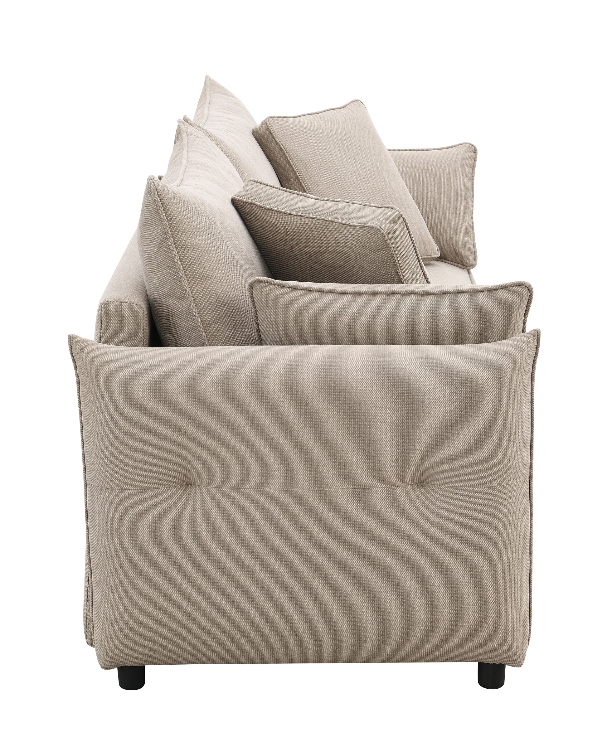 Beige fabric sofa with plush cushions a buttontufted back and black legs