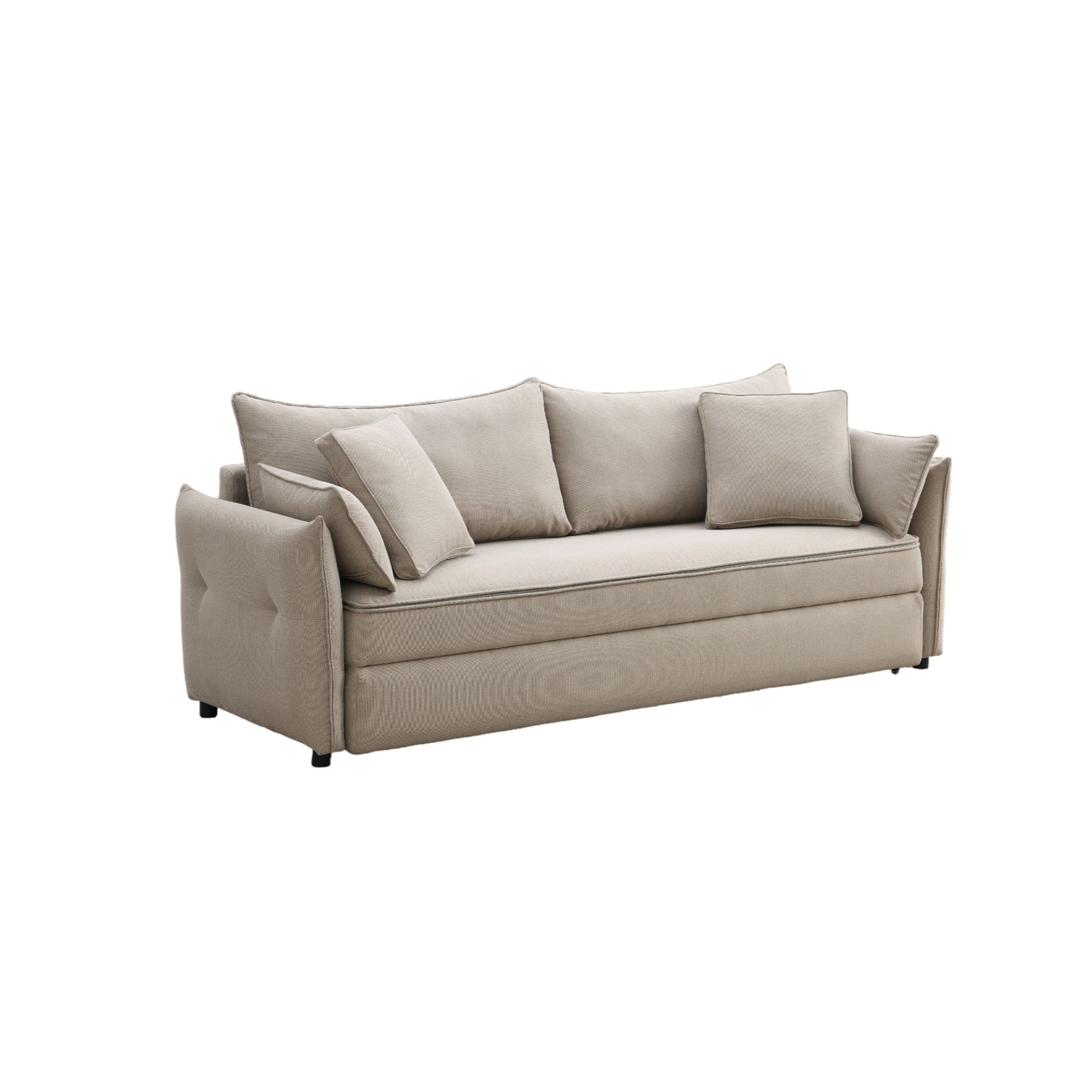Modern beige fabric sofa with plush cushions and tufted armrests perfect for living rooms