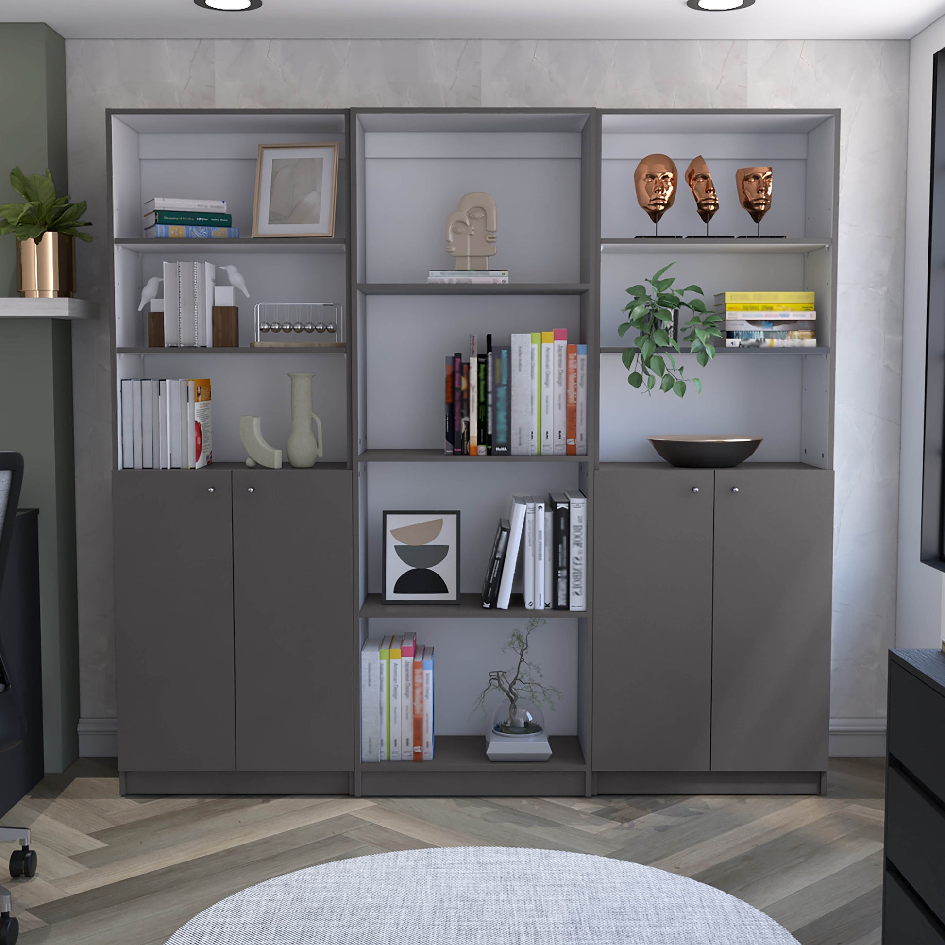 Modern grey shelving unit with books artwork and decorative objects ideal for home office organization