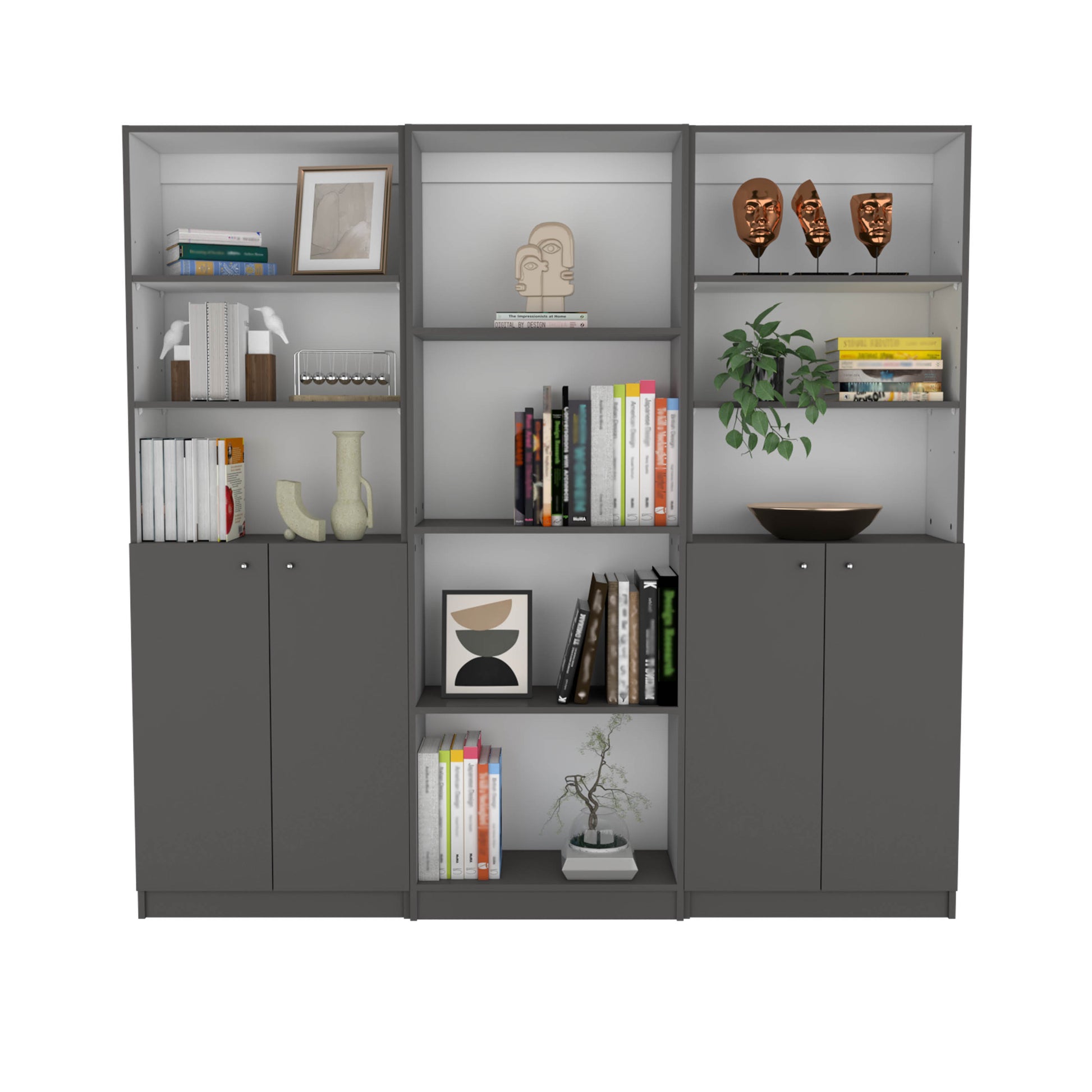Modern grey bookcase with framed art books and decorative sculptures