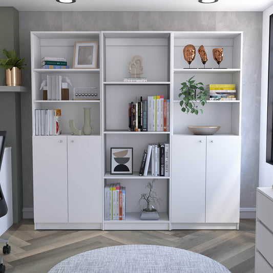 Modern white modular bookshelf with varied open shelving and closed cabinet storage