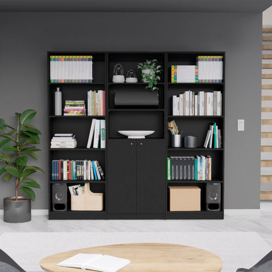 Black modular shelving unit with books speakers and decorative items
