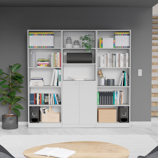 White modular bookshelf with books decor and storage cabinets for a modern home