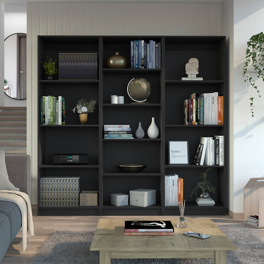 Dark gray modern bookshelf filled with books and decorative items
