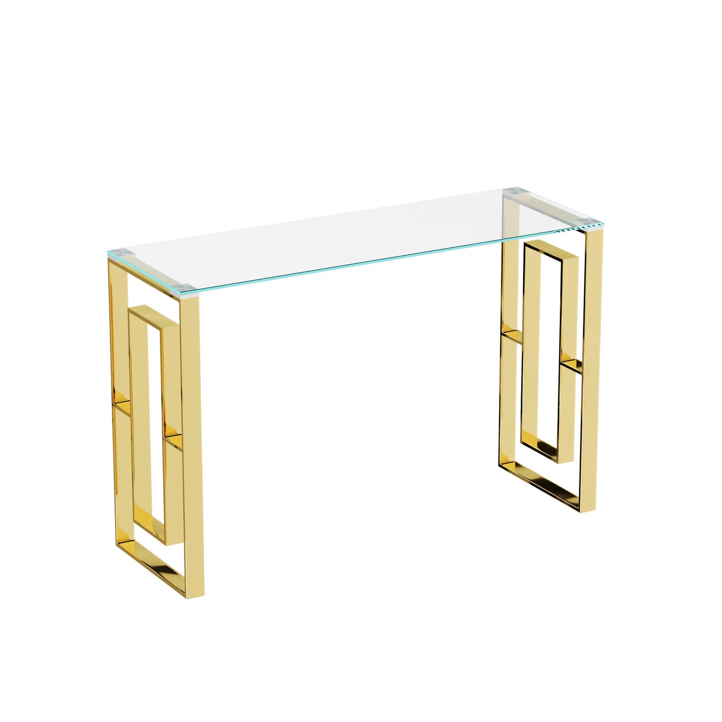Sleek gold metal console table with clear glass top and geometric legs