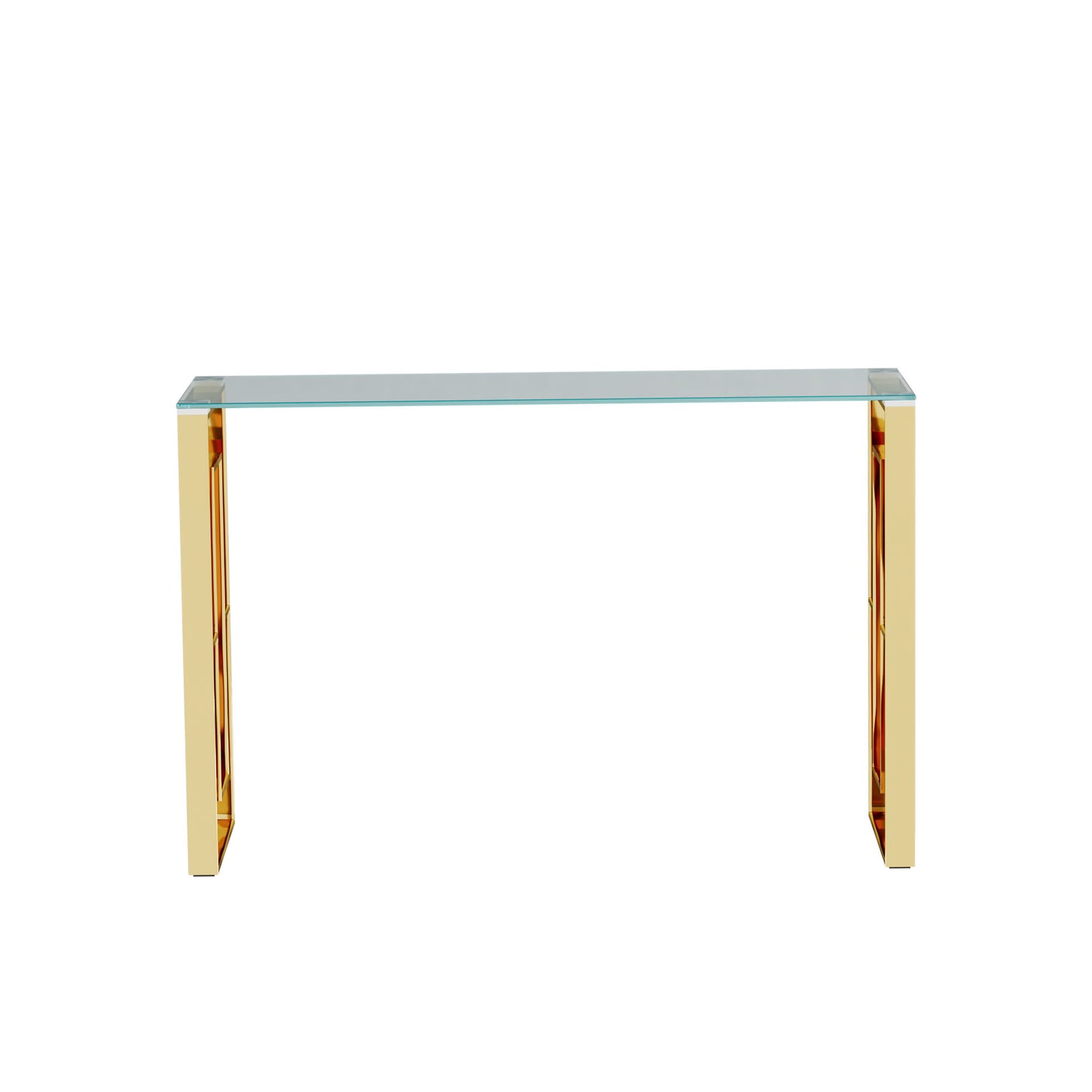 Sleek gold console table with a clear glass top for entryway decor