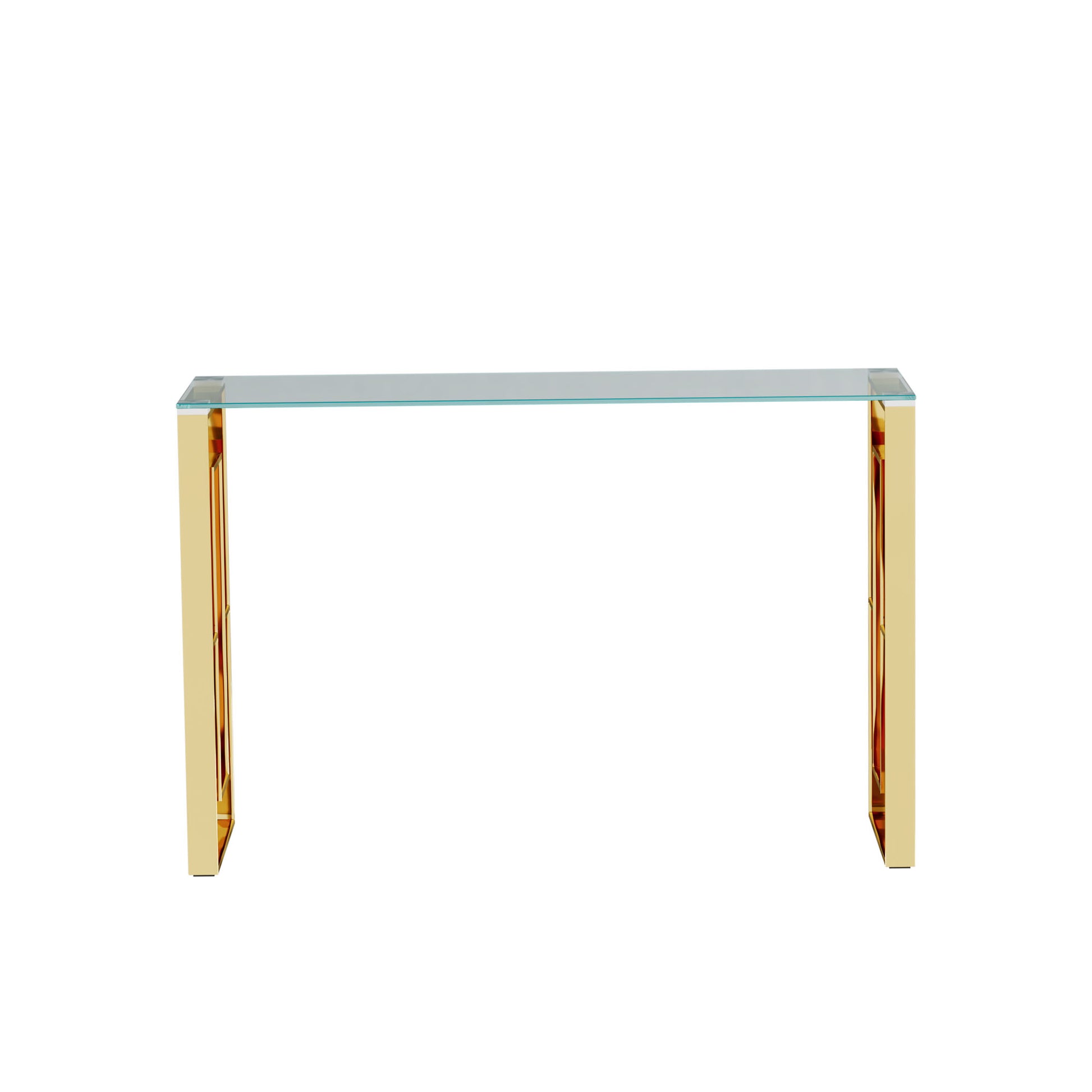 Sleek gold console table with a clear glass top for entryway decor