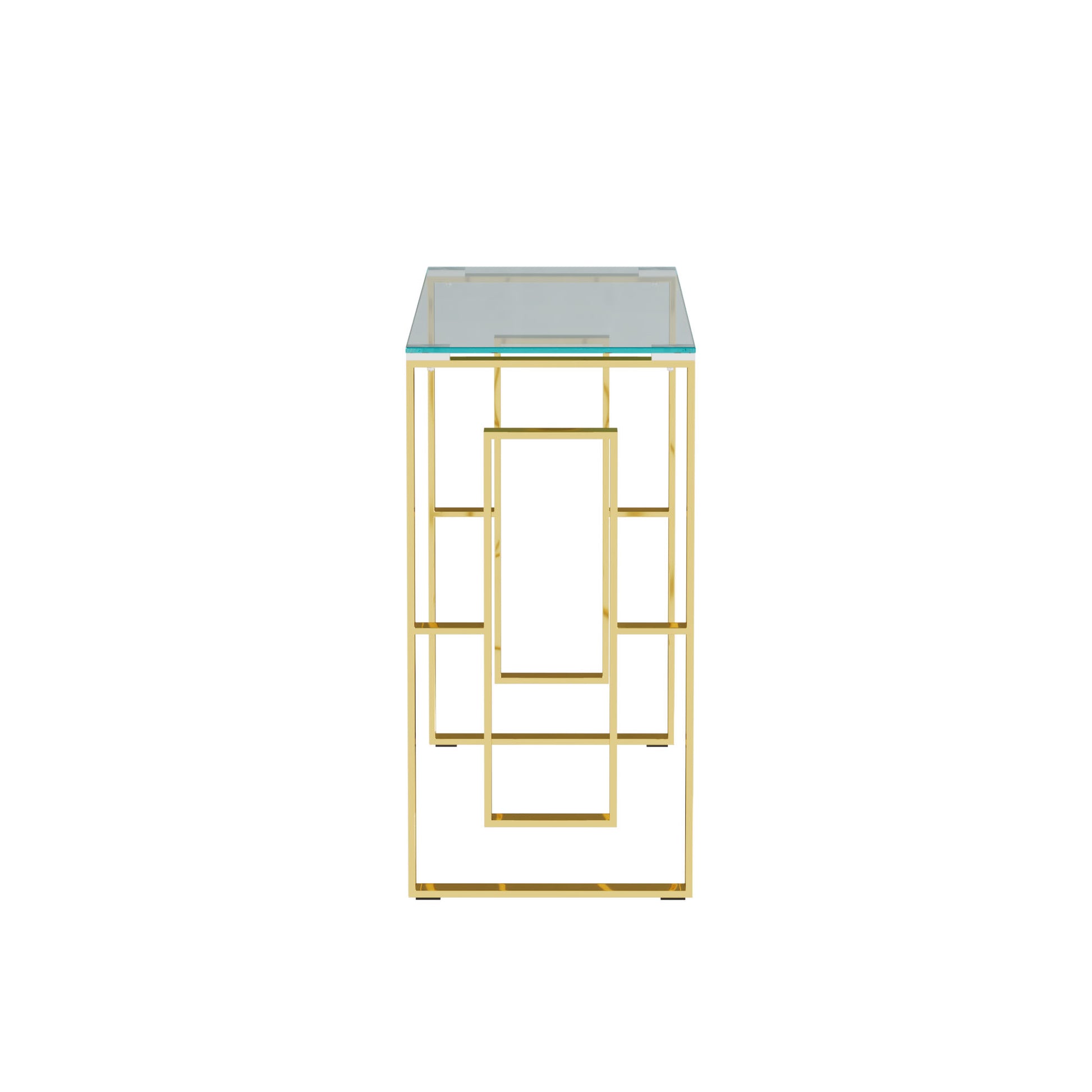 Sleek gold metal console table with a clear glass top and geometric open shelving