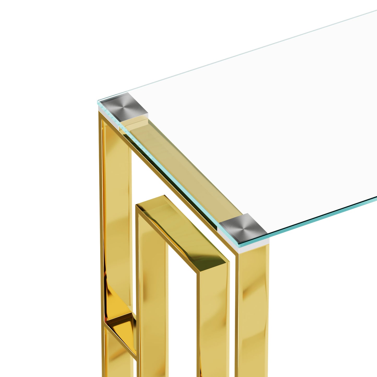 Sleek gold console table with a clear glass top and modern geometric base