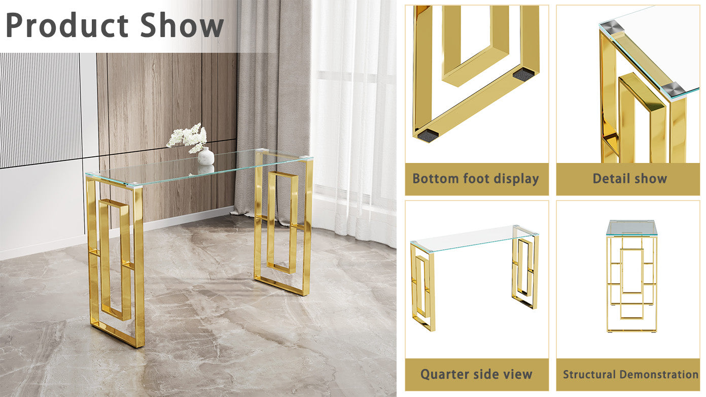 Modern gold console table with glass top and geometric gold frame